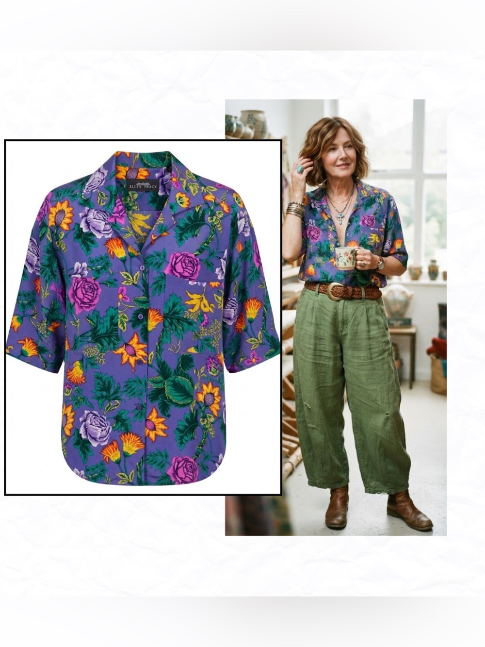 Vintage Linda Allard Ellen Tracy Silk Botanical Floral Camp Shirt Size 8 Boho